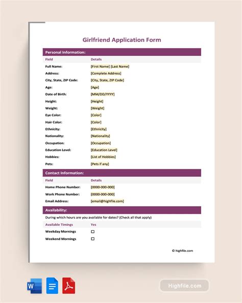 Girlfriend Application Forms in Google Docs, PDF and Word